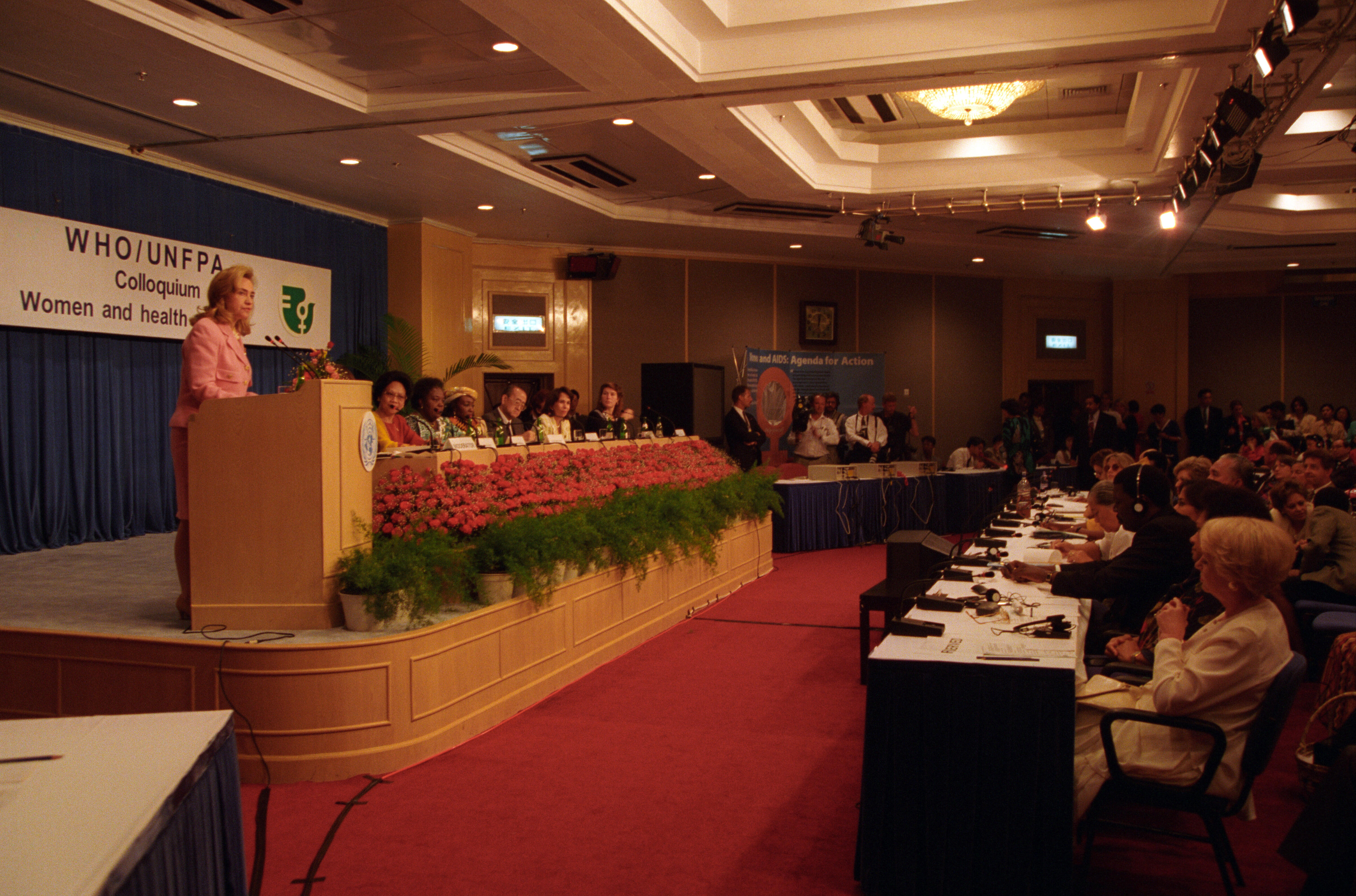 First Lady Hillary Rodham Clinton delivers a speech at the Colloquium on Women and Health Safety, sponsored by the World Health Organization in Beijing, China