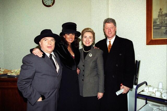 President Clinton and Hillary Rodham Clinton pose for a photo with musician Van Morrison in Belfast, Northern Ireland