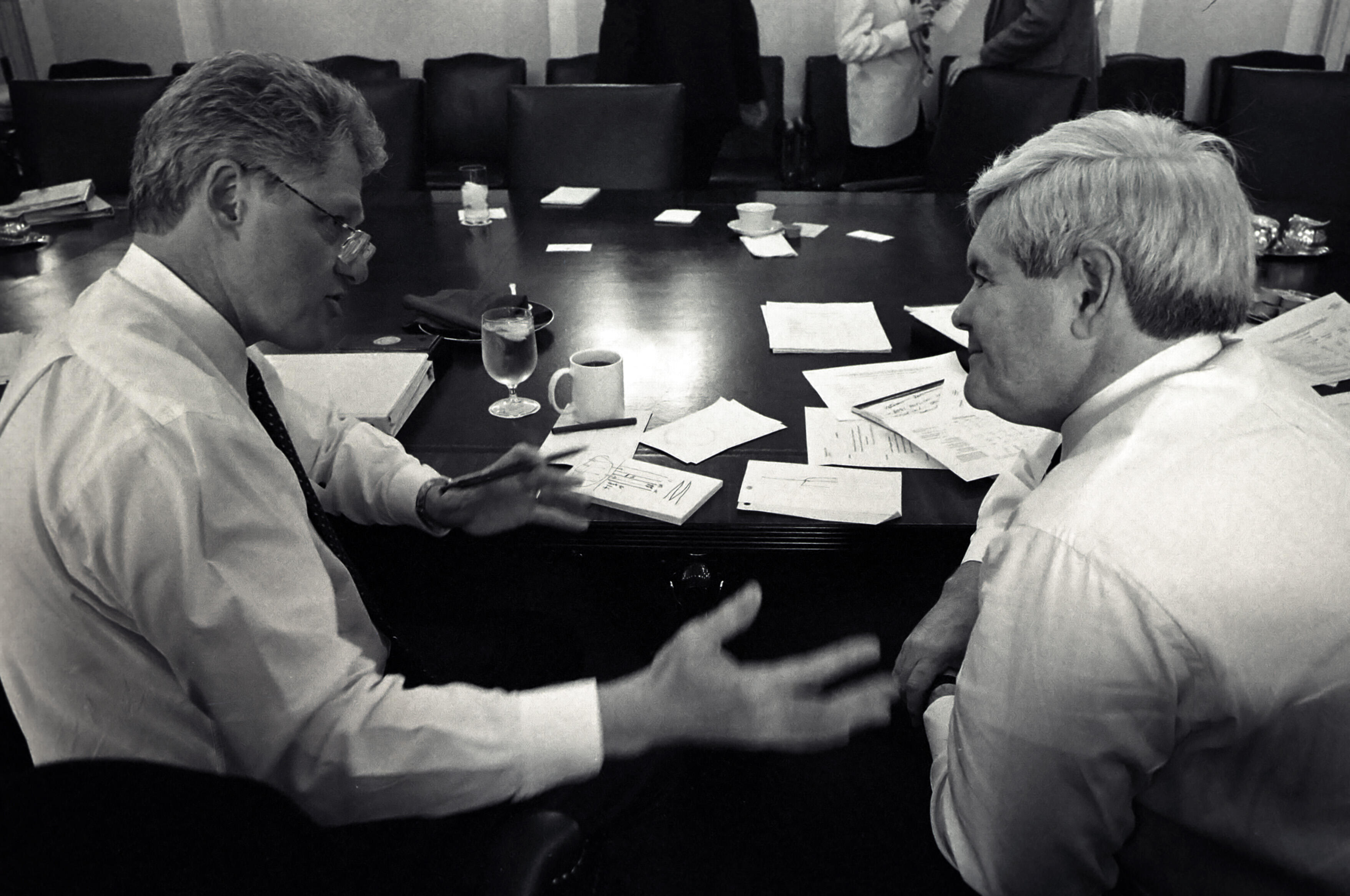 During the 1995 Government Shutdown, President Clinton speaks to Speaker of the House, Newt Gingrich during budget negotiations with Congress