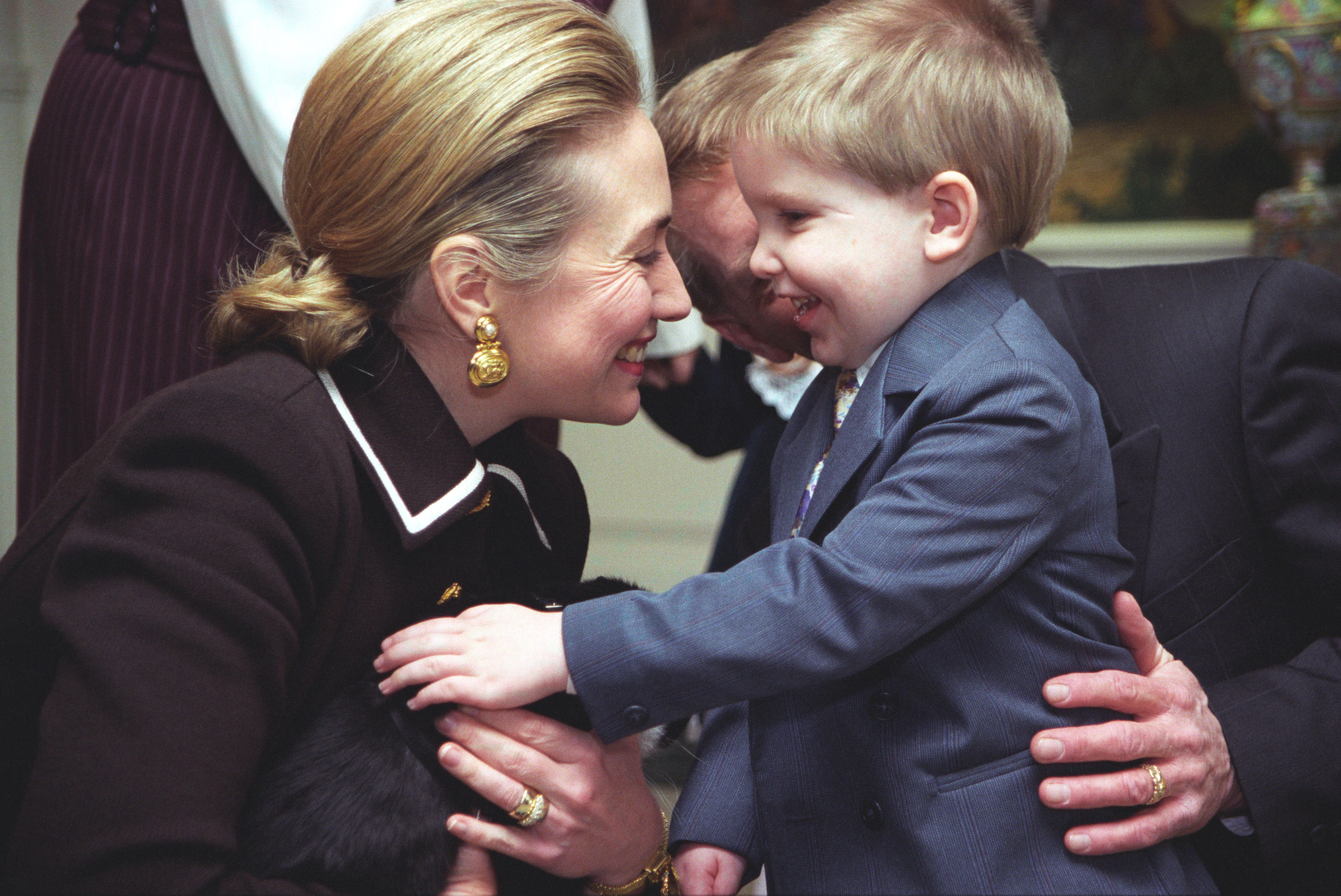 First Lady Hillary Rodham Clinton greets Brandon Denny who was injured in the bombing of the Murrah Federal Building in Oklahoma City. This event took place in the Diplomatic Reception Room of the White House