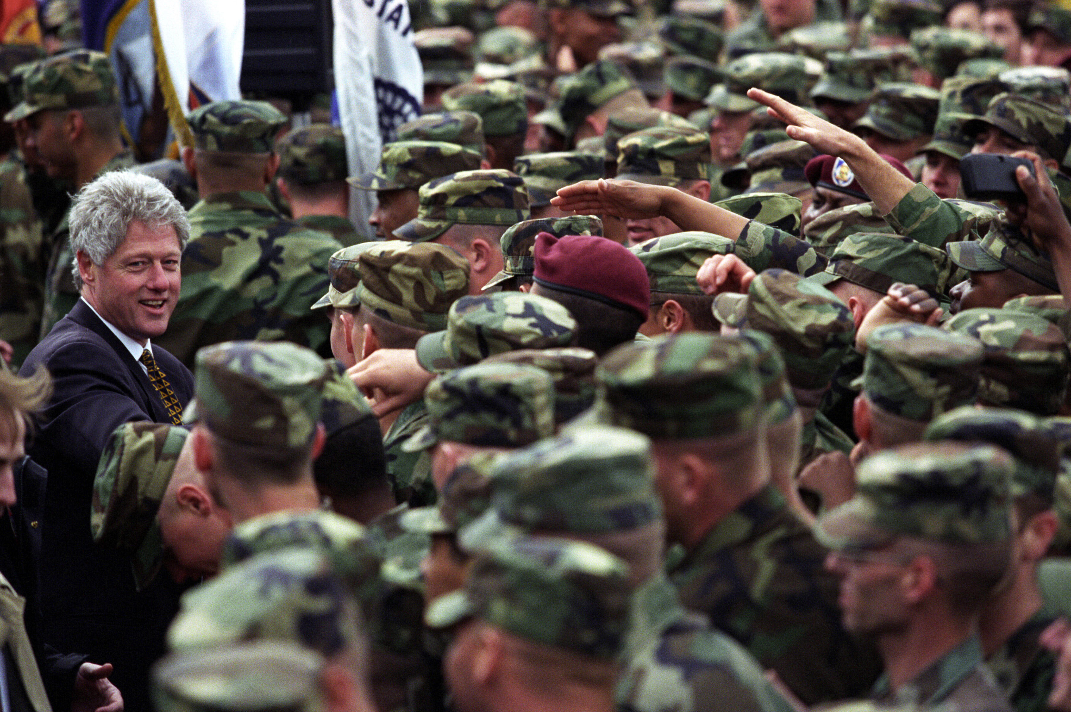 President Clinton greets U.S. Army soldiers during his visit with to Fort Polk. Many of the personnel served in Operation Uphold Democracy in Haiti