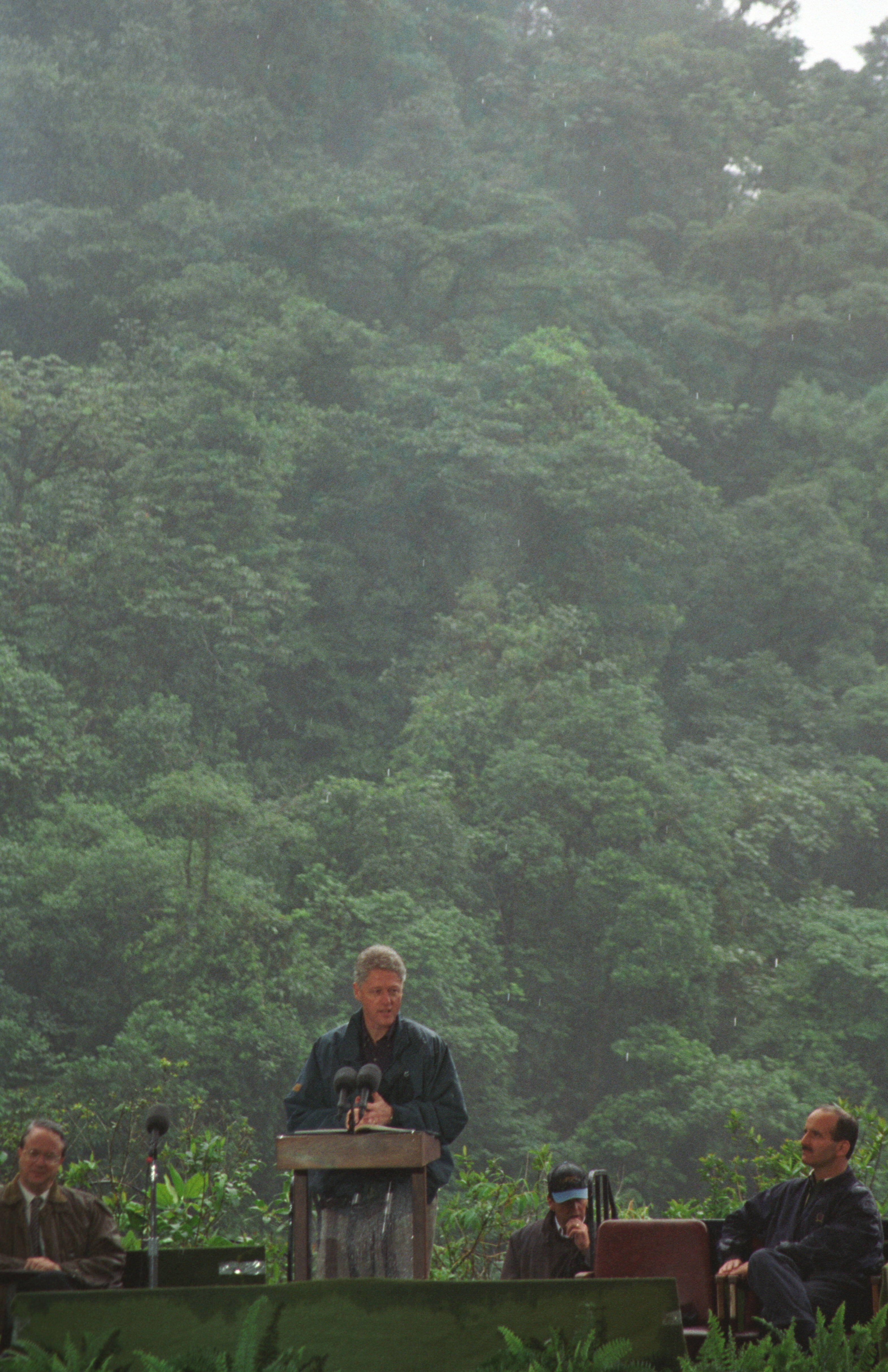 President Clinton gives remarks at the Branilio Carrilo National Park Rain forest in Costa Rica. President Clinton is in Costa Rica with Secretary Bruce Babbitt, Secretary Federico Pena to sign agreements concerning electric transport and parks between Costa Rica and and the United States