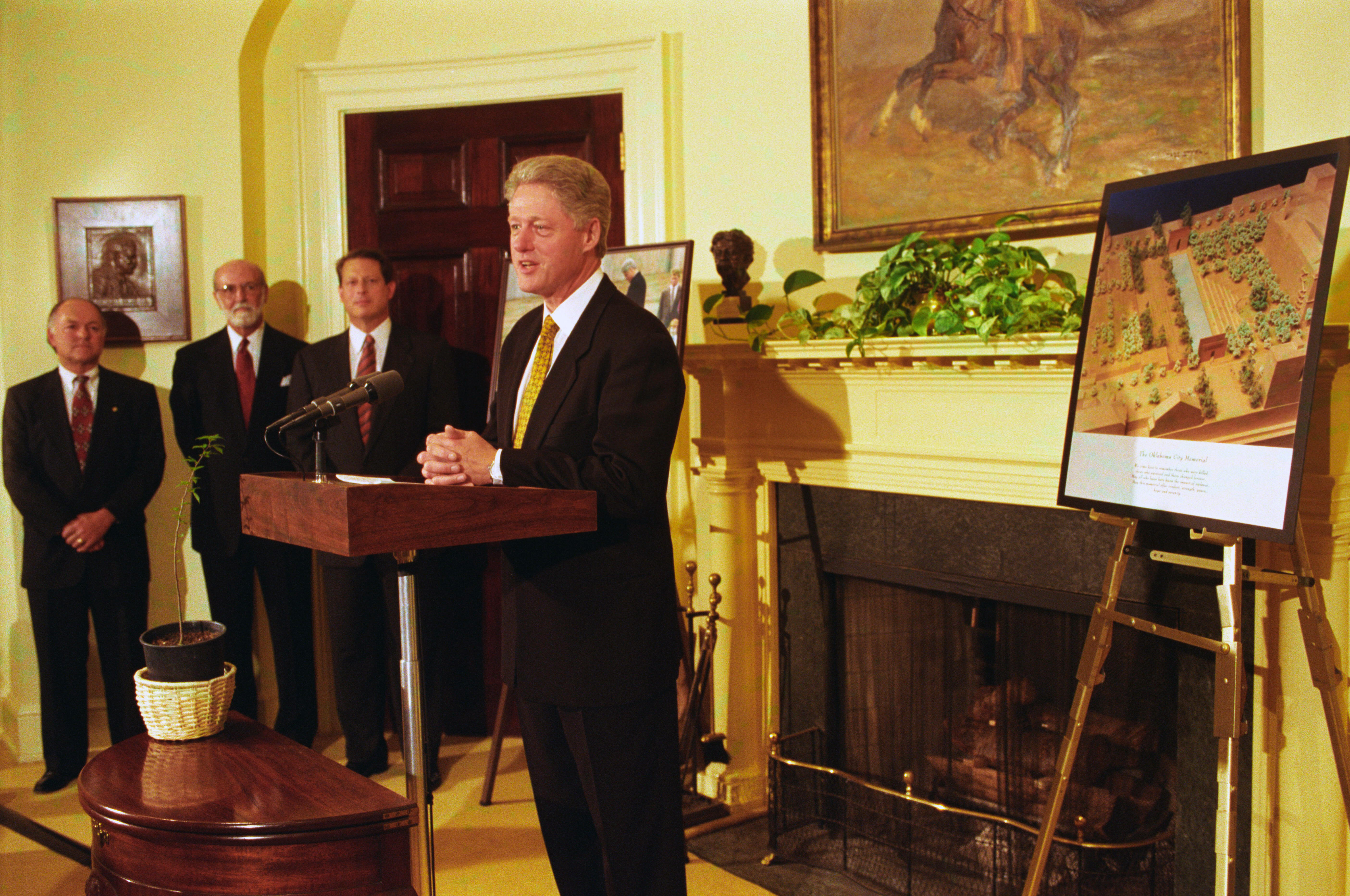President Clinton addresses the Oklahoma City Memorial Ceremony in the Roosevelt Room of the White House
