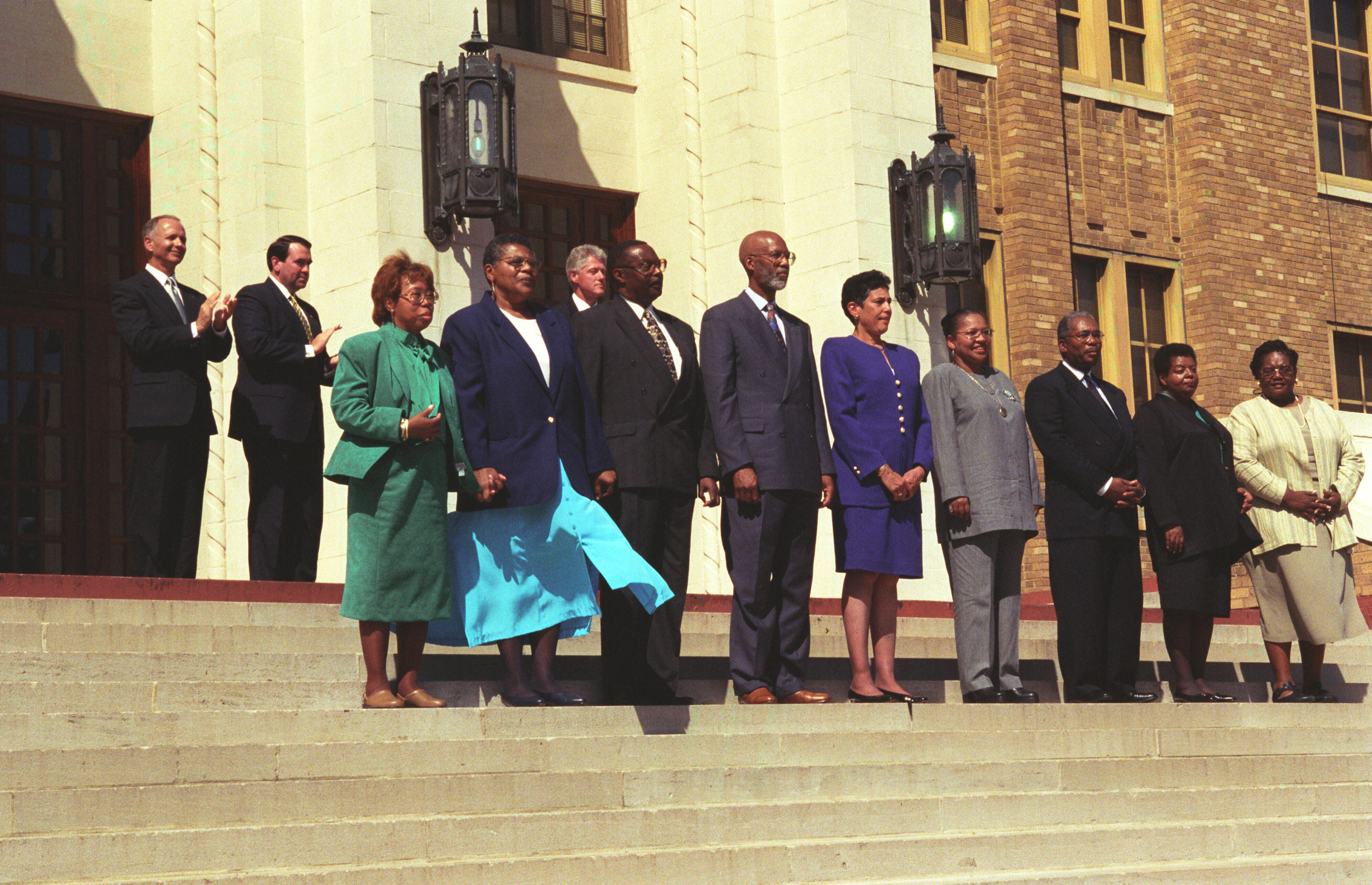 The Little Rock Nine present at Little Rock Central High School for the 40th Anniversary of Desegregation of the school. Present from Left to Right: Thelma Mothershed Wair, Minniejean Brown Trickey, Jefferson Thomas, Terrence Roberts, Carlotta Walls Ranier, Gloria Ray, Ernest G. Green, Elizabeth Eckford and Melba Pattillo Beals