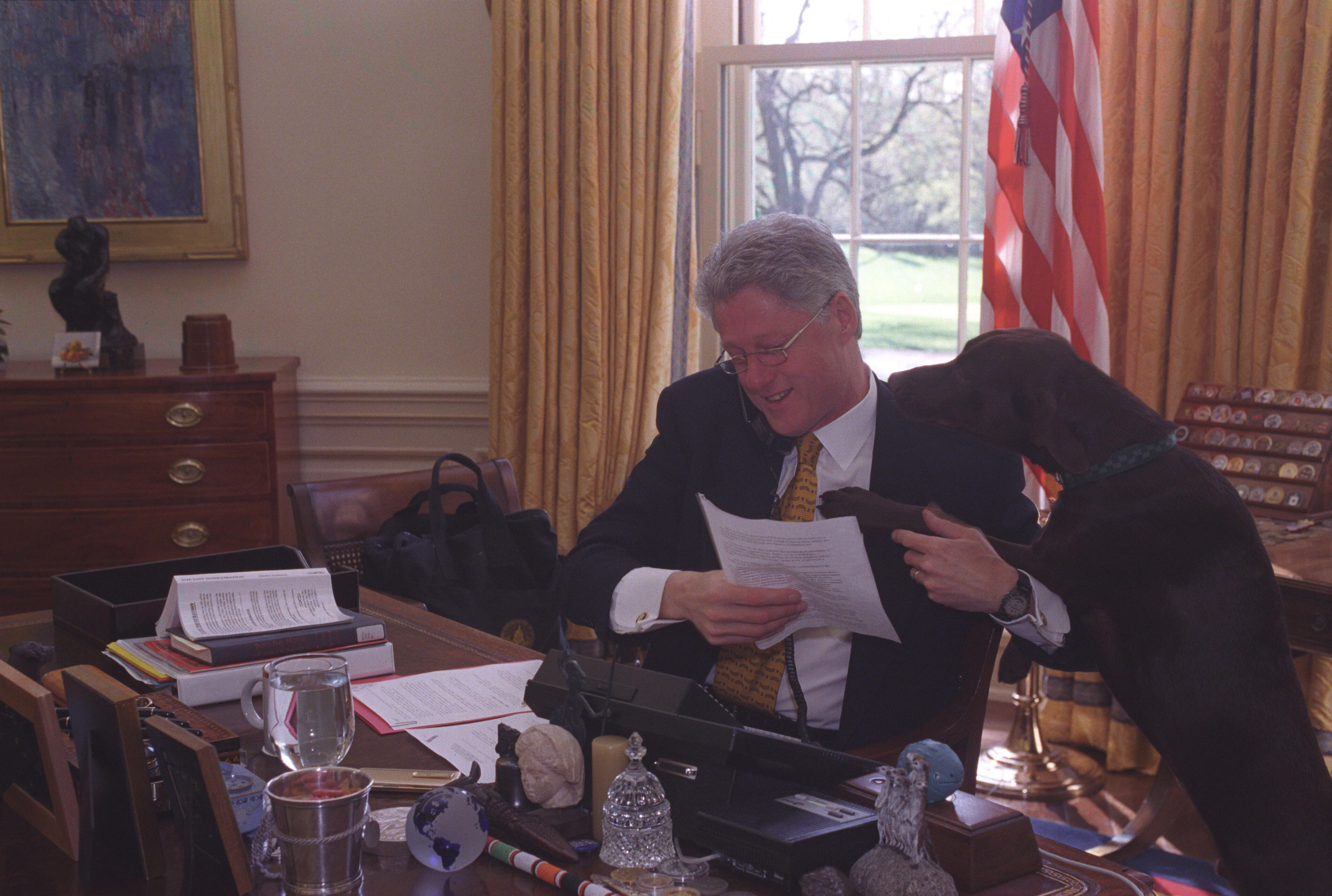Buddy the dog jumps onto President William Jefferson Clinton during his phone call with President Boris Yeltsin. President Clinton is sitting at the Resolute Desk in the Oval Office in the White House.