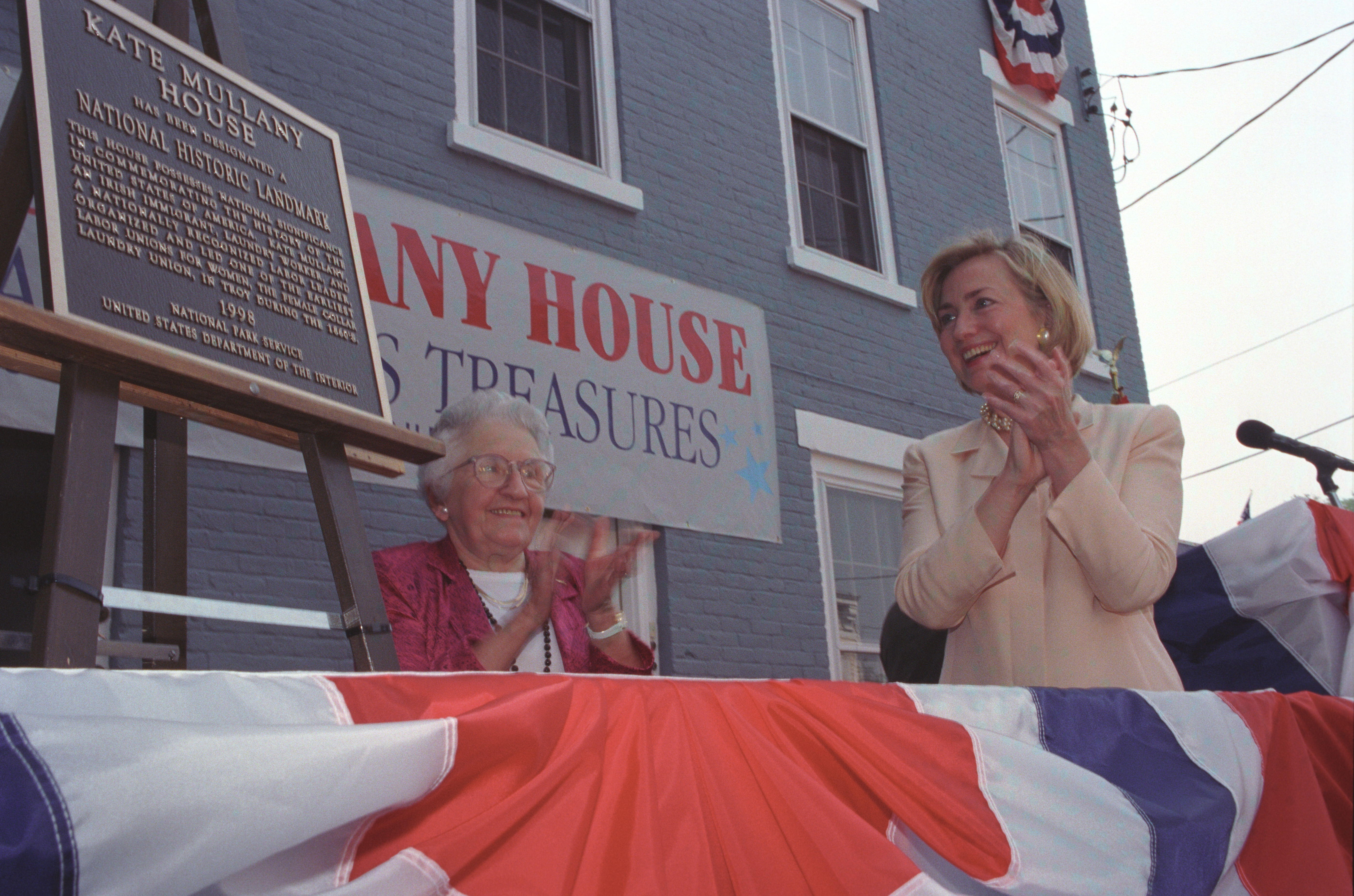 Hillary Rodham Clinton addresses the people of Troy New York and unveils a "National Historic Landmark" plaque for the Kate Mullany House
