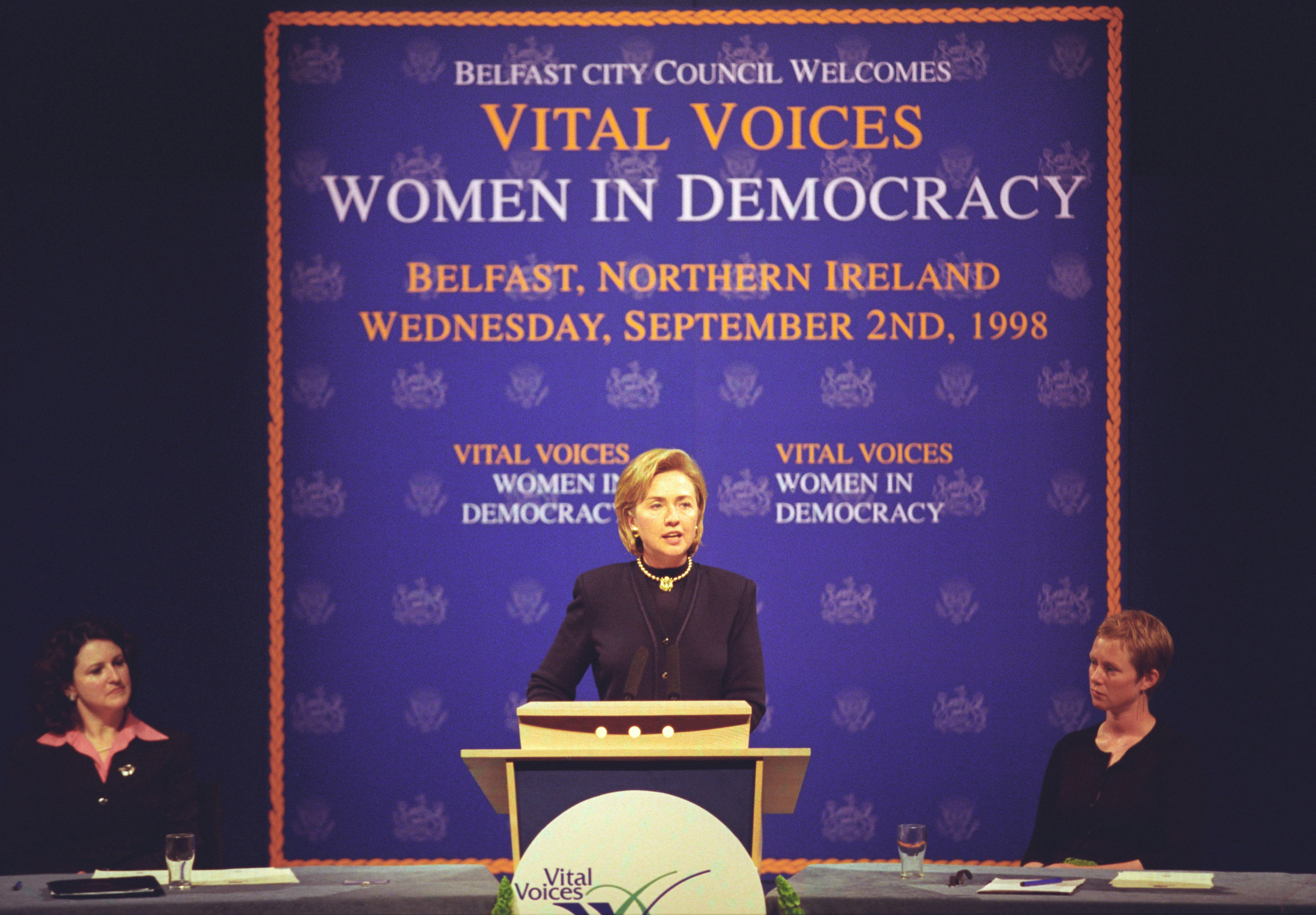 Hillary Rodham Clinton addresses the Vital Voices Conference at Belfast, Northern Ireland, September 2, 1998