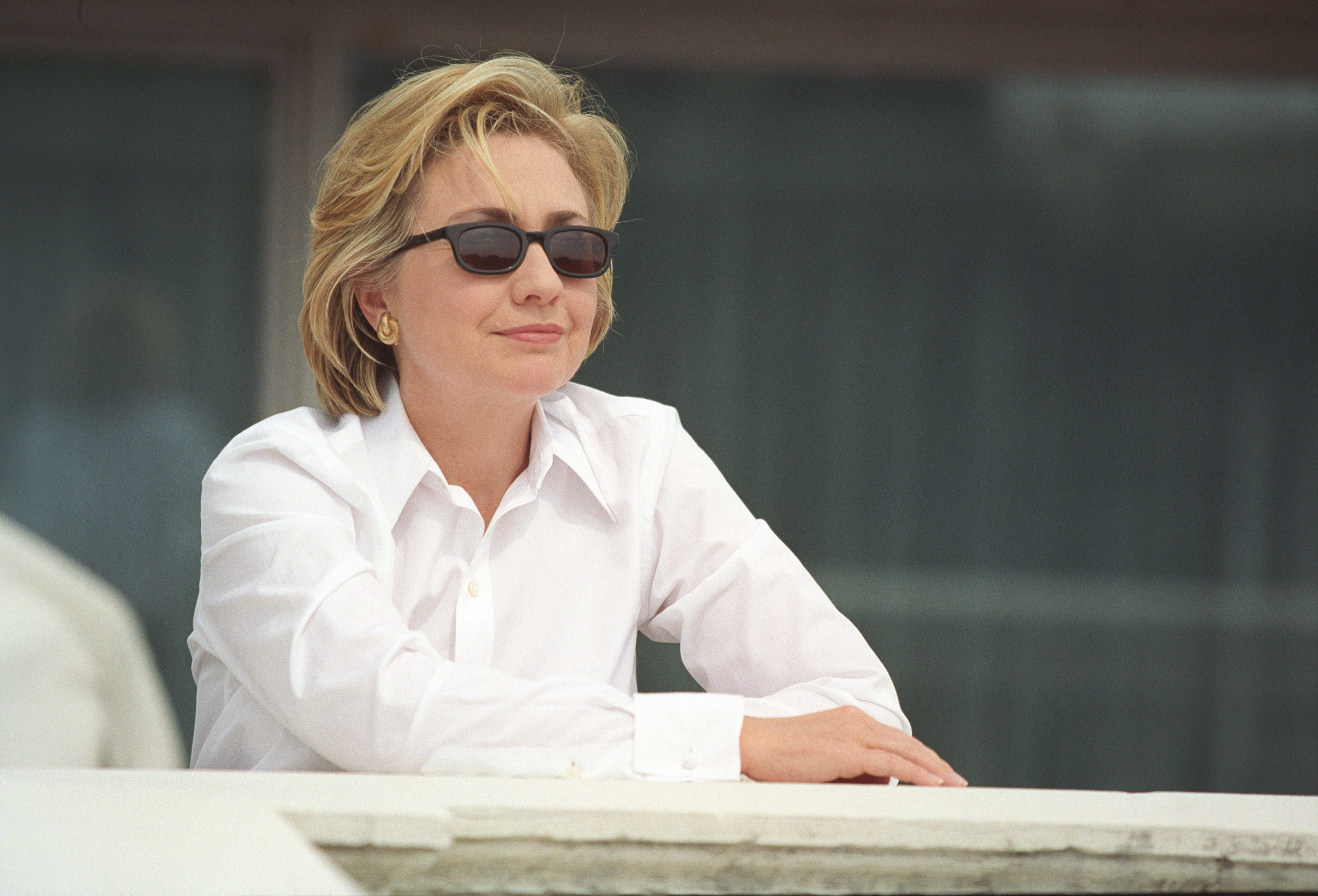 Hillary Rodham Clinton poses on the White House balcony for a photo shoot with Talk Magazine, June 3, 1999