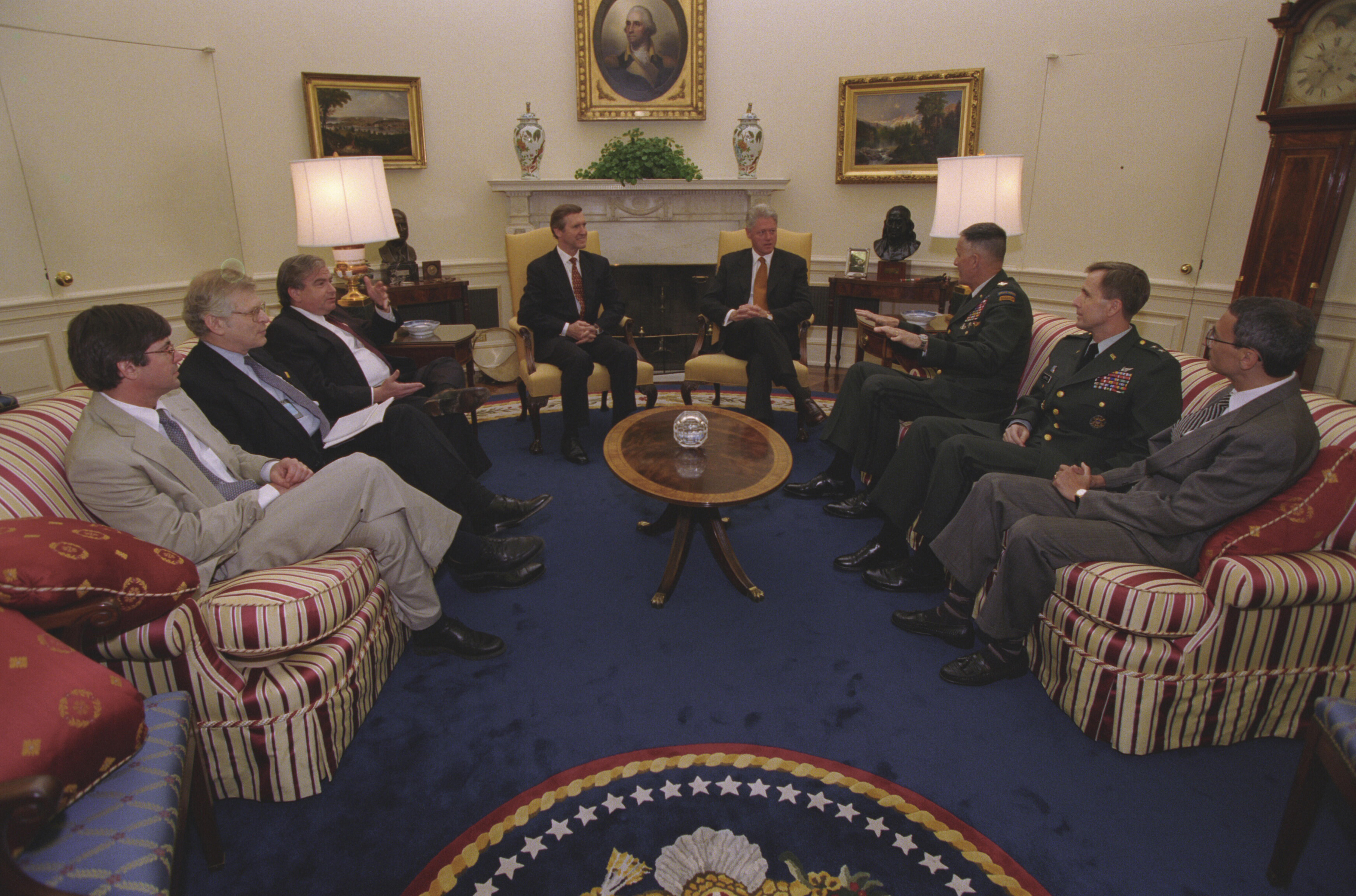 President Clinton meets with Sec. William Cohen, Sandy Berger, Gen. Henry "Hugh" Shelton, Gen, Donald Kerrick, Leon Fuerth, Jim Steinberg, and John Podesta concerning Kosovo