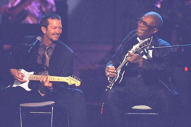 Rock guitarist legend Eric Clapton performs along side Blues legend B.B. King at "The Concert of the Century for VH-1 Save the Music" on the South Lawn