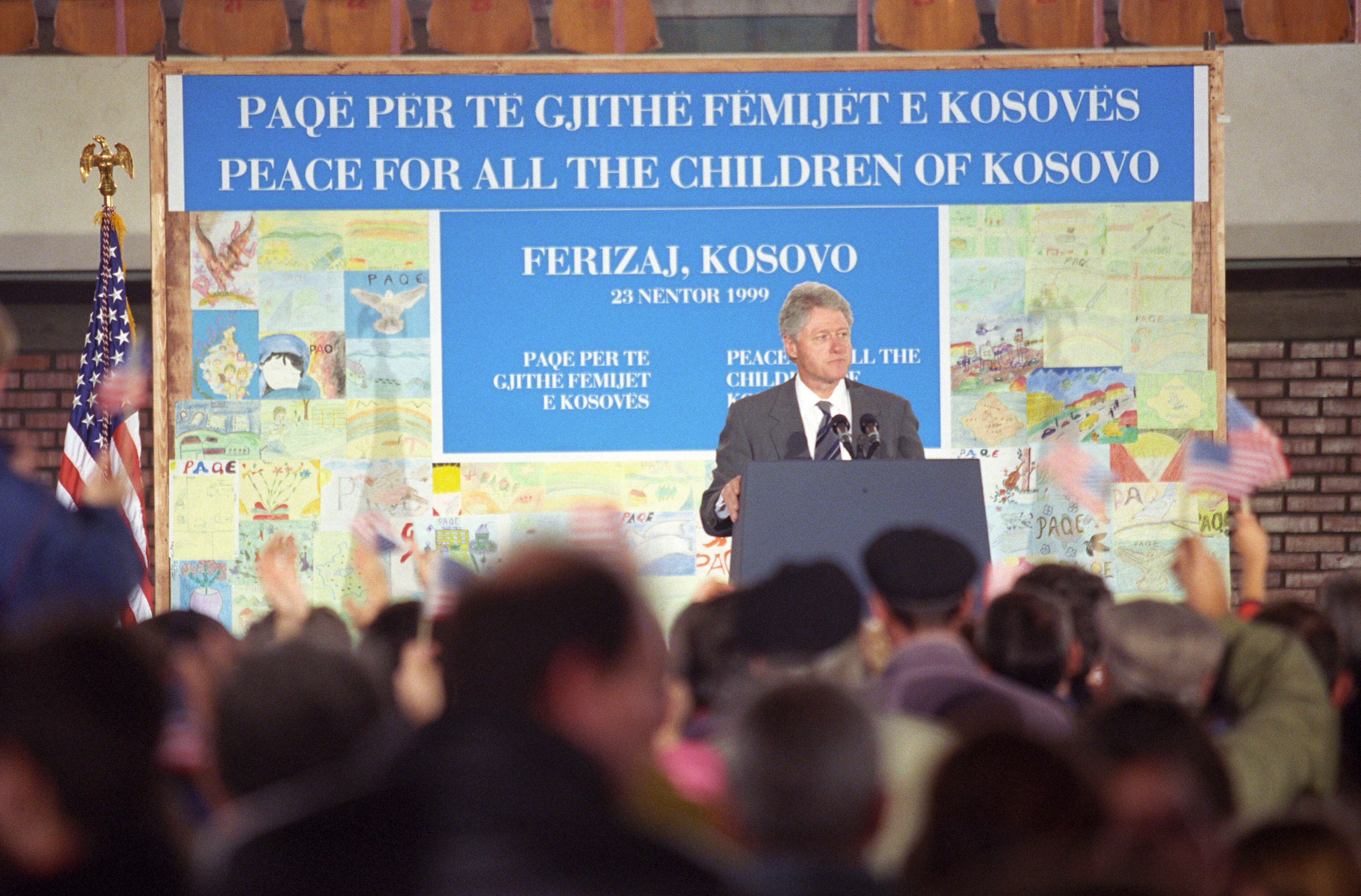 President Clinton addresses people at the Ferizaj Sports Pavilion in Ferizaj, Kosovo