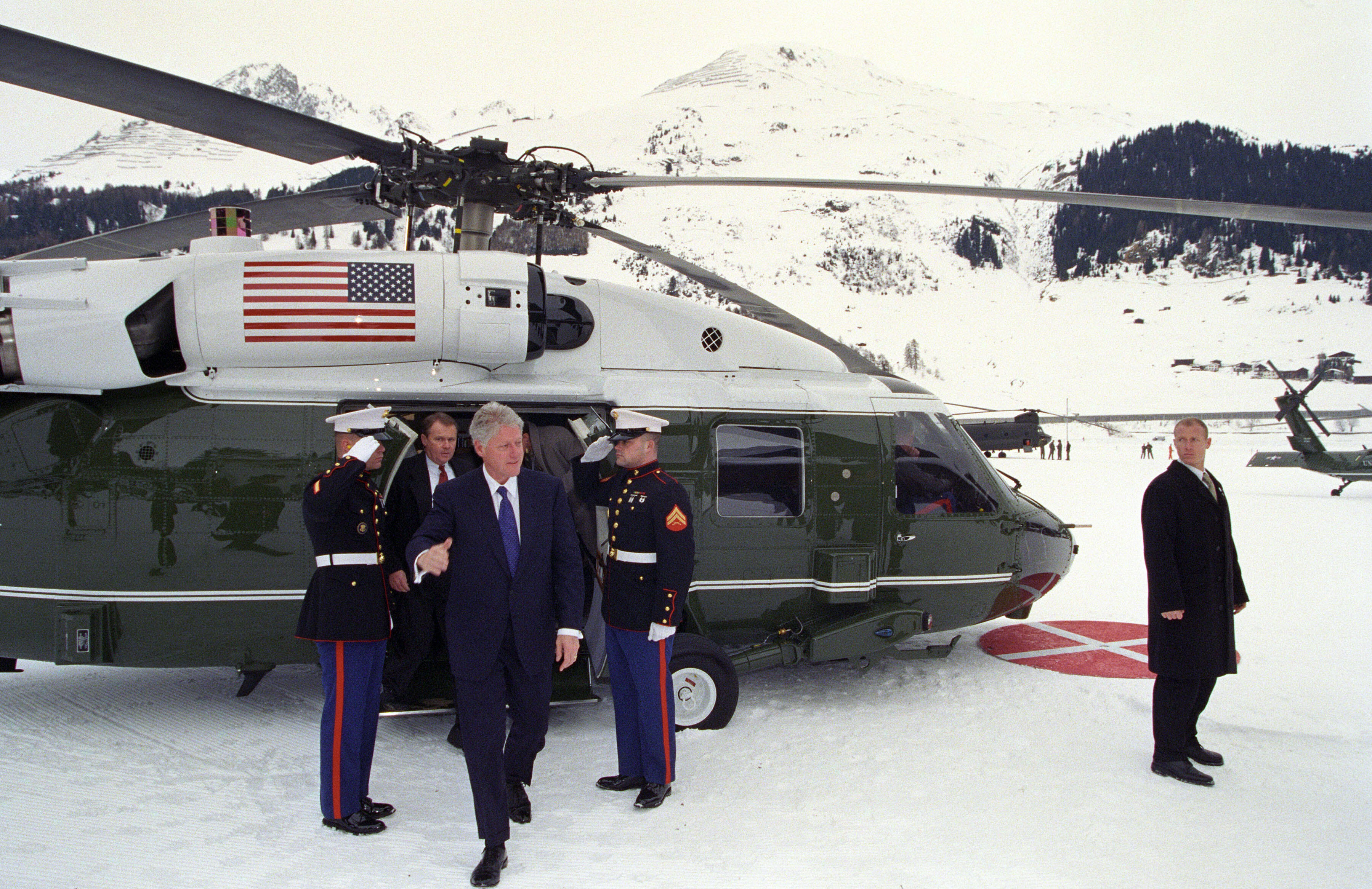President Clinton disembarks Marine One Presidential Helicopter at Davos for the World Economic Forum