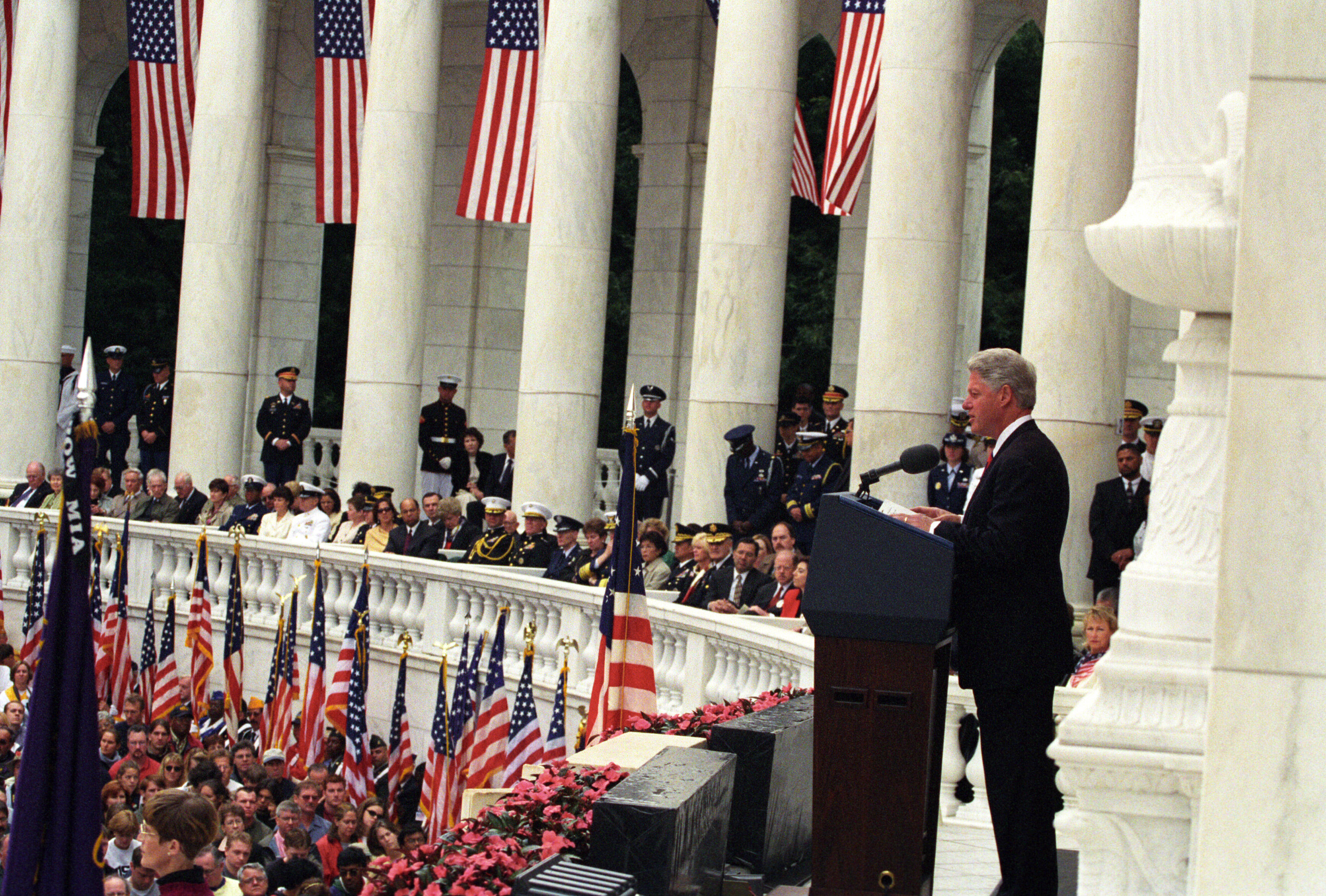 President Clinton delivers remarks at the Memorial Day ceremony in the Amphitheater at Arlington National Cemetery